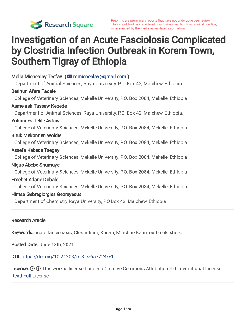 Investigation of an Acute Fasciolosis Complicated by Clostridia Infection Outbreak in Korem Town, Southern Tigray of Ethiopia