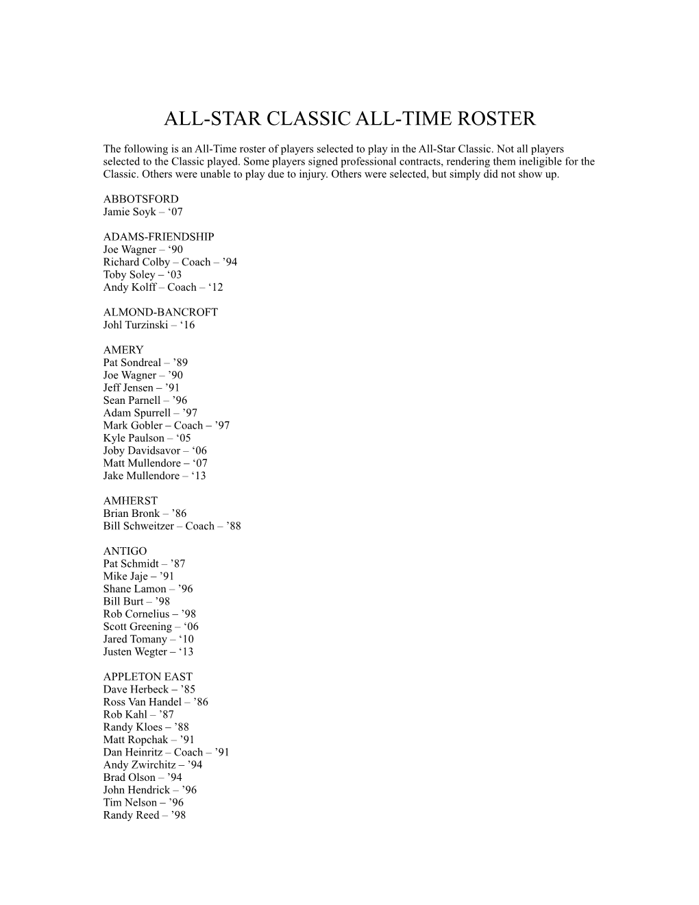 ALL-Time Roster All Star Classic