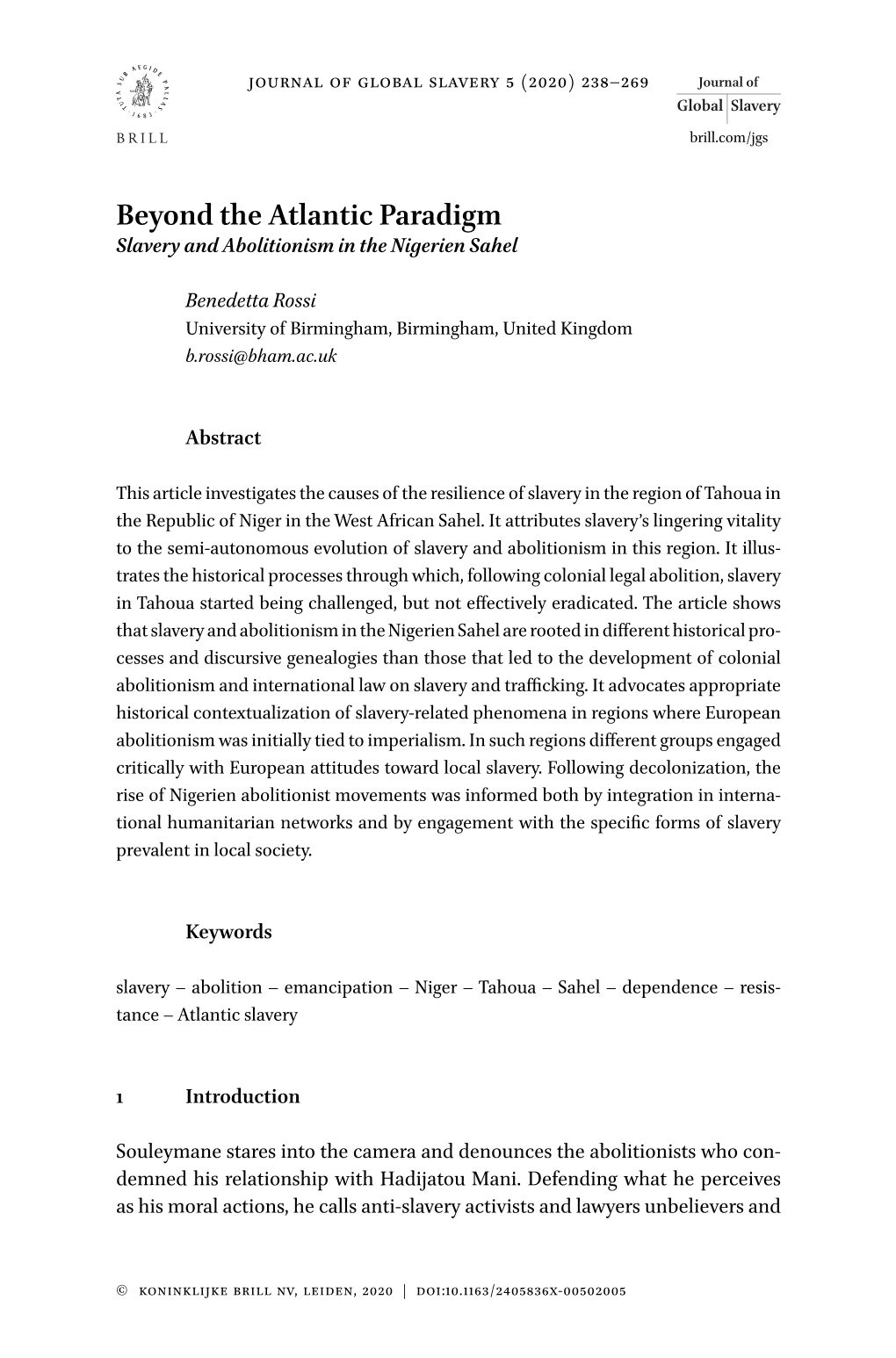Beyond the Atlantic Paradigm Slavery and Abolitionism in the Nigerien Sahel