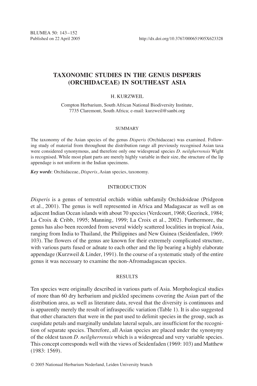 Taxonomic Studies in the Genus Disperis (Orchidaceae) in Southeast Asia