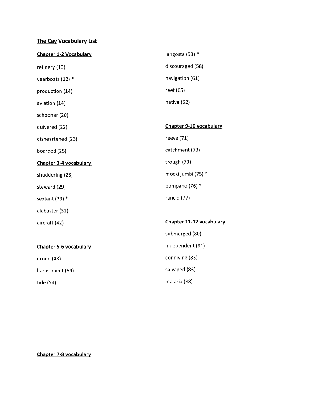 The Cay Vocabulary List