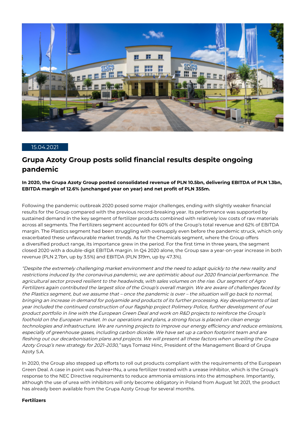 Grupa Azoty Group Posts Solid Financial Results Despite Ongoing Pandemic