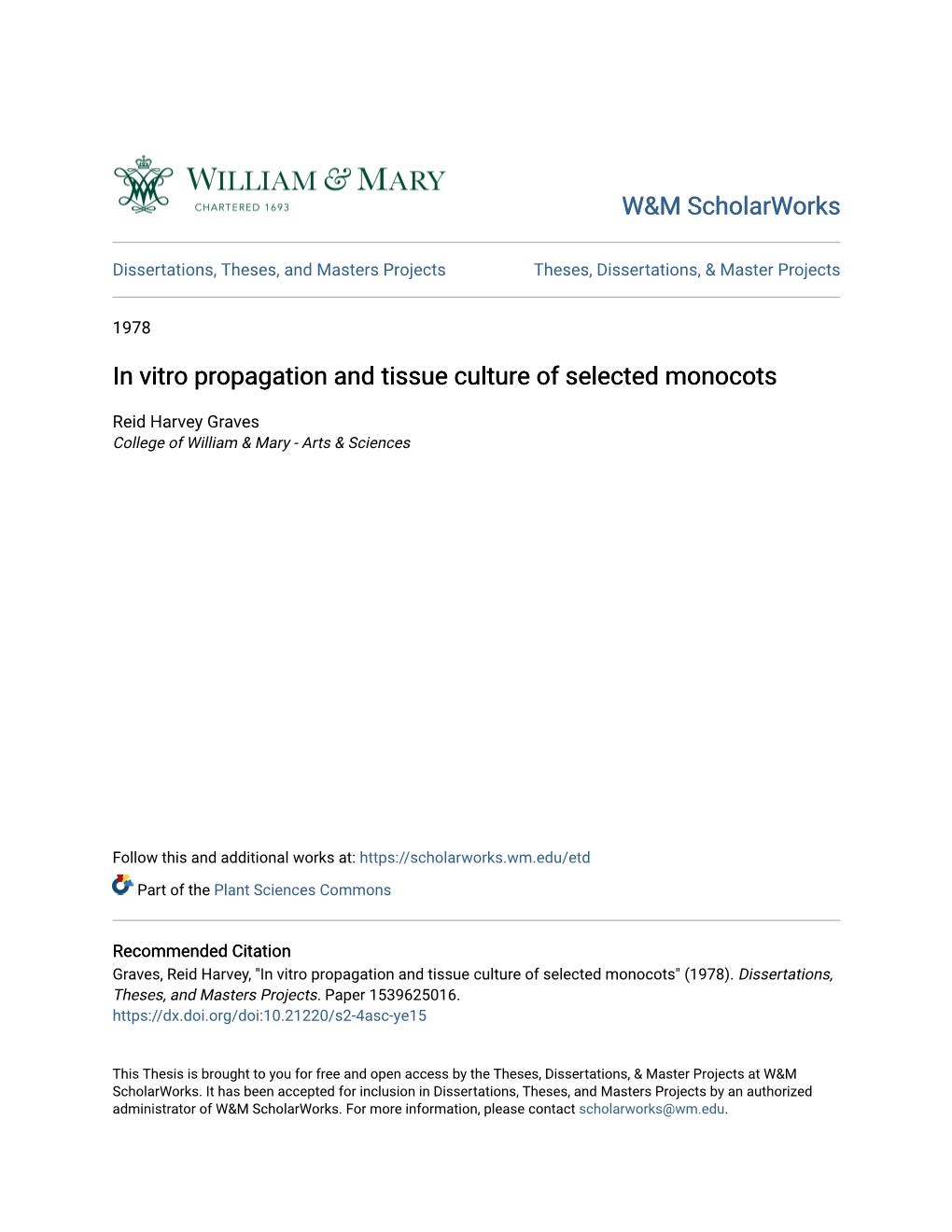 In Vitro Propagation and Tissue Culture of Selected Monocots