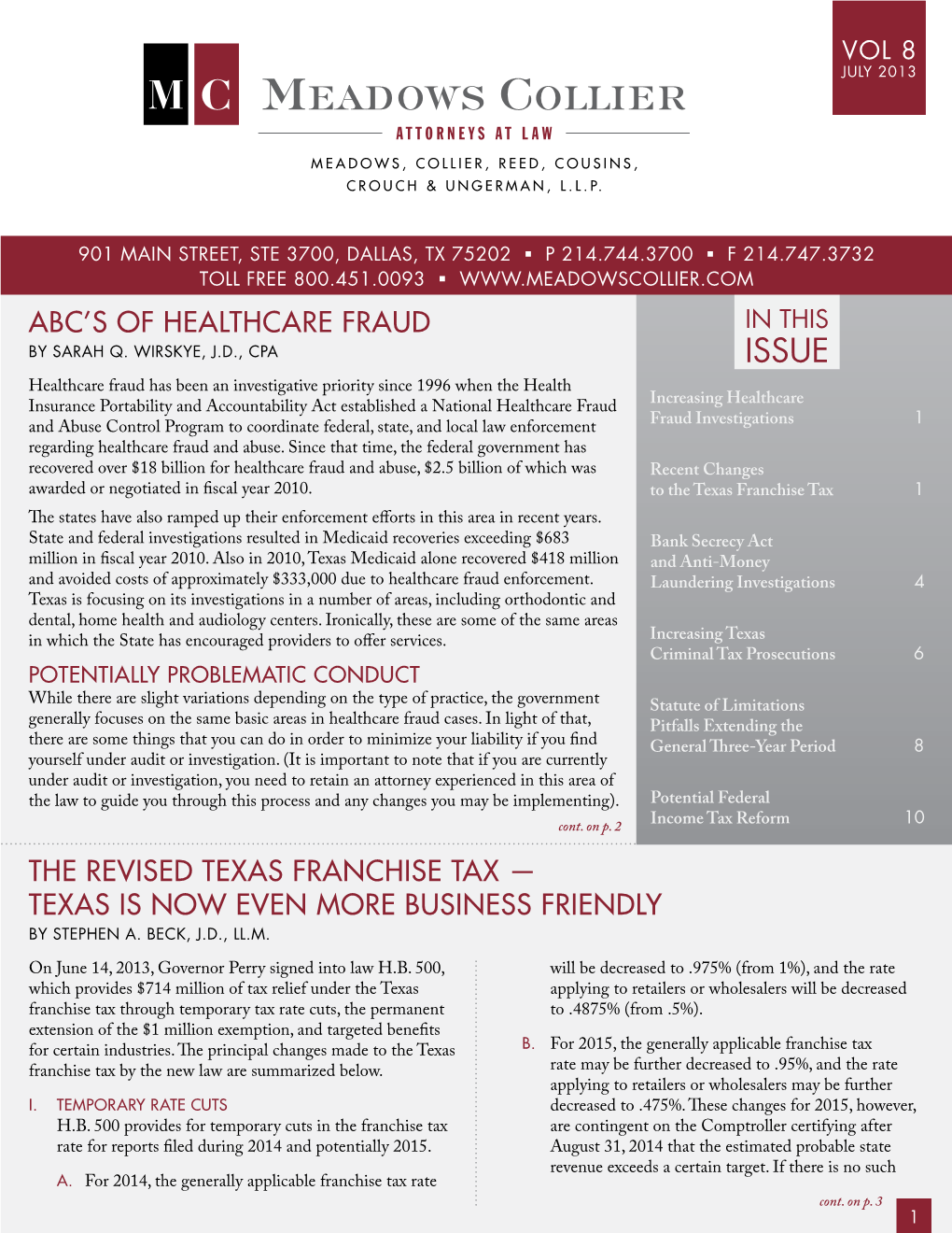 Abc's of Healthcare Fraud the Revised Texas Franchise