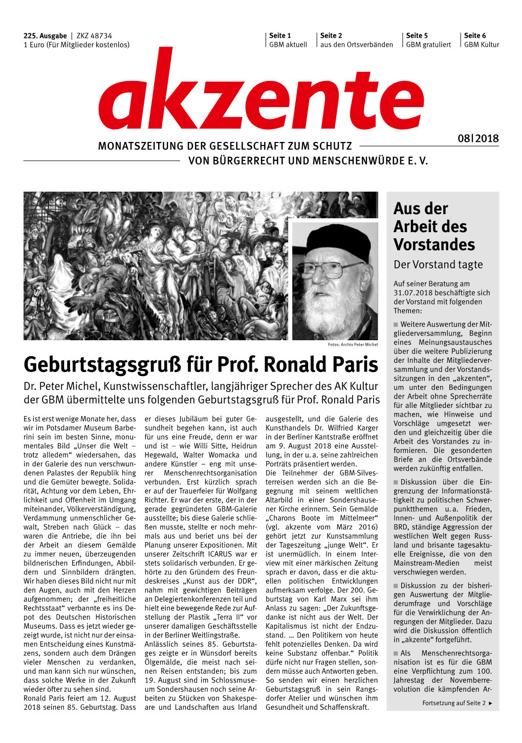 Geburtstagsgruß Für Prof. Ronald Paris Sammlung Und Der Vorstands- Sitzungen in Den „Akzenten“, Dr