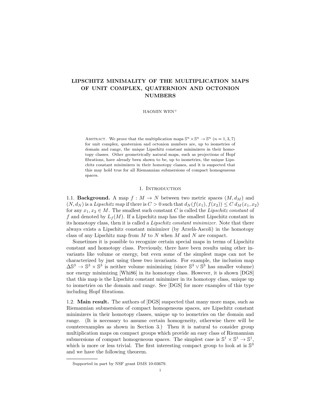 Lipschitz Minimality of the Multiplication Maps of Unit Complex, Quaternion and Octonion Numbers