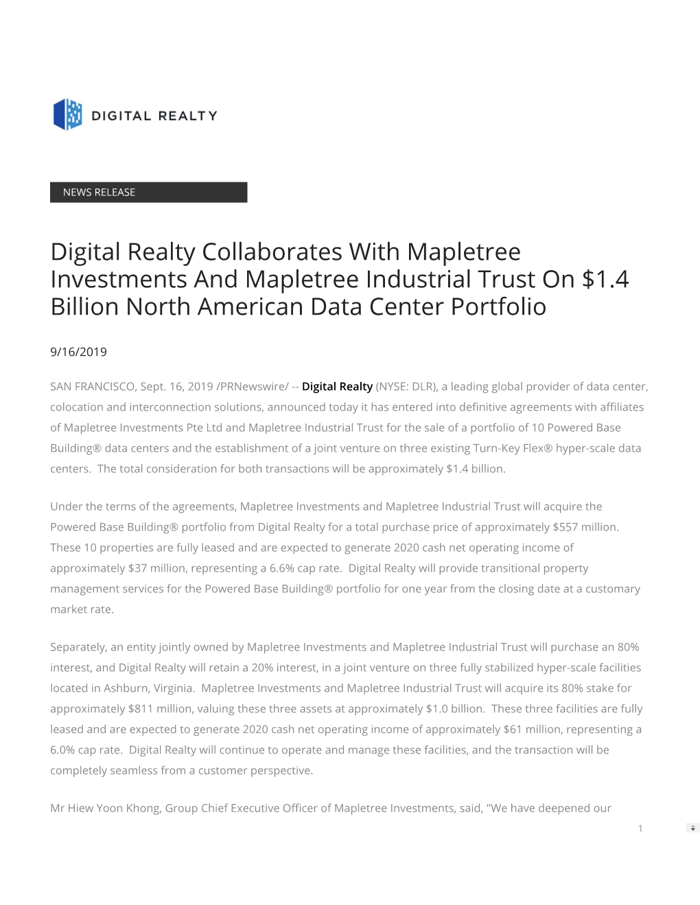 Digital Realty Collaborates with Mapletree Investments and Mapletree Industrial Trust on $1.4 Billion North American Data Center Portfolio
