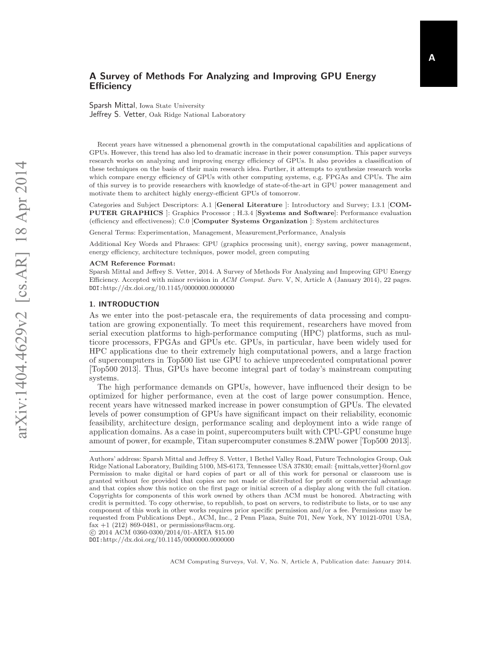 Arxiv:1404.4629V2 [Cs.AR] 18 Apr 2014 Ecec N ﬀciees;C0[ C.0 Eﬀectiveness); and (Eﬃciency DOI: Plaza, Permissions@Acm.Org