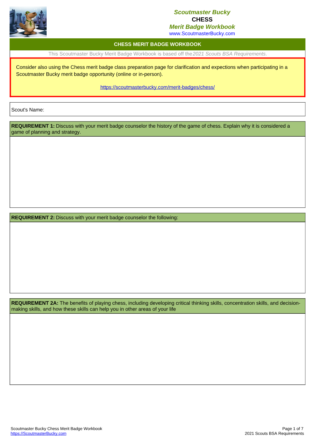 Scoutmaster Bucky CHESS Merit Badge Workbook