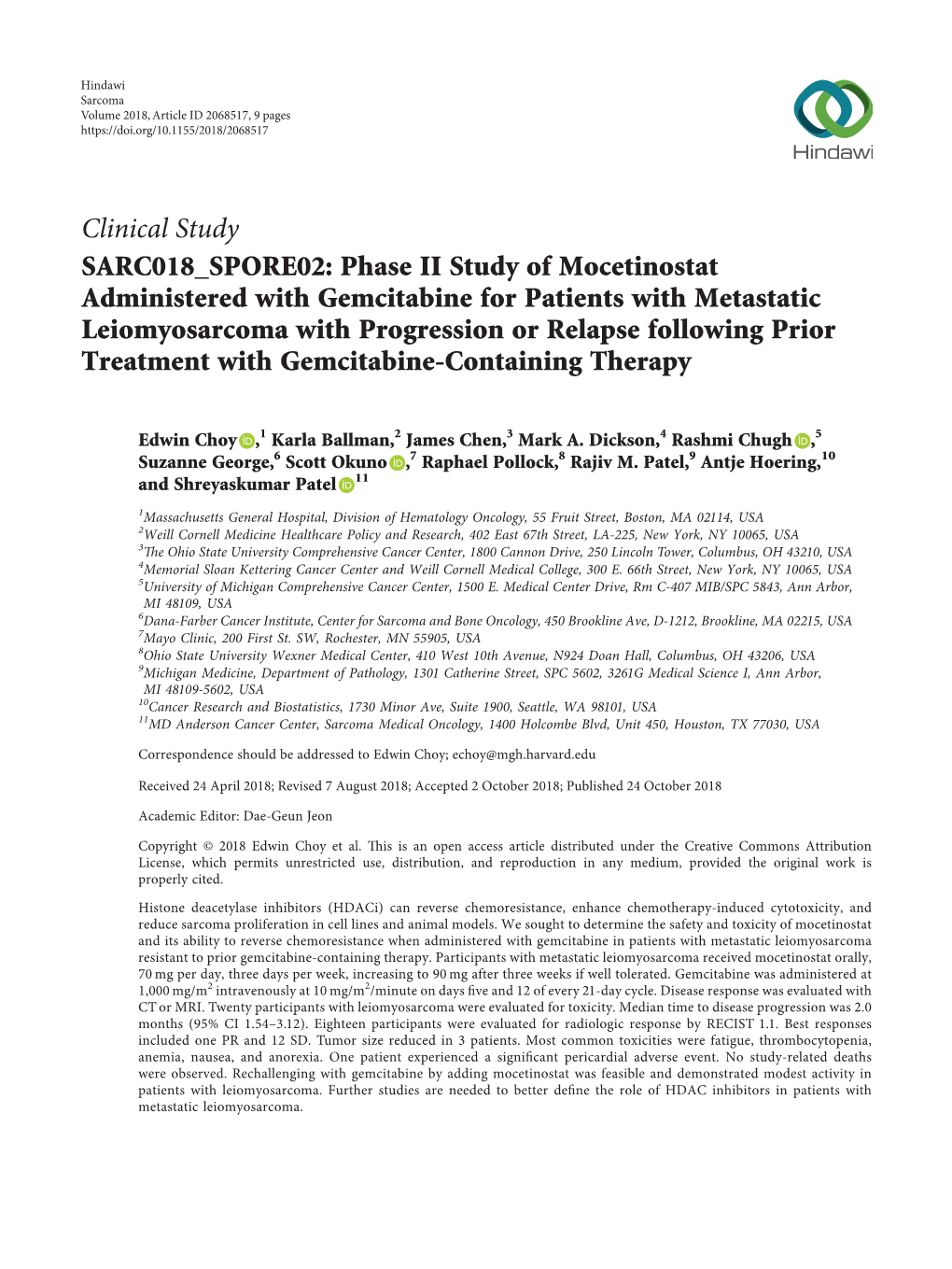 Phase II Study of Mocetinostat Administered with Gemcitabine For