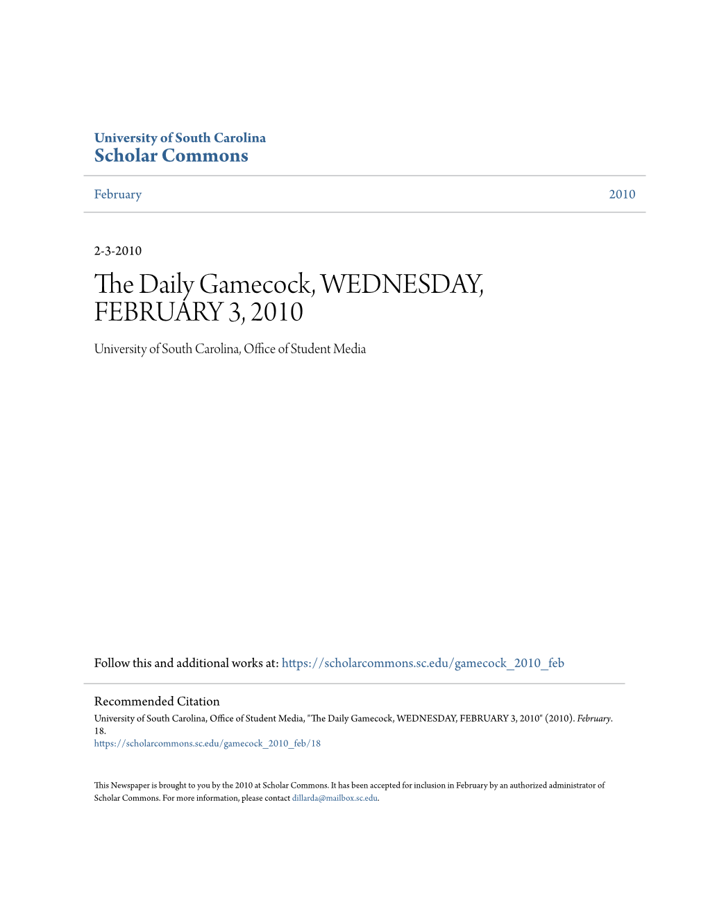 The Daily Gamecock, WEDNESDAY, FEBRUARY 3, 2010