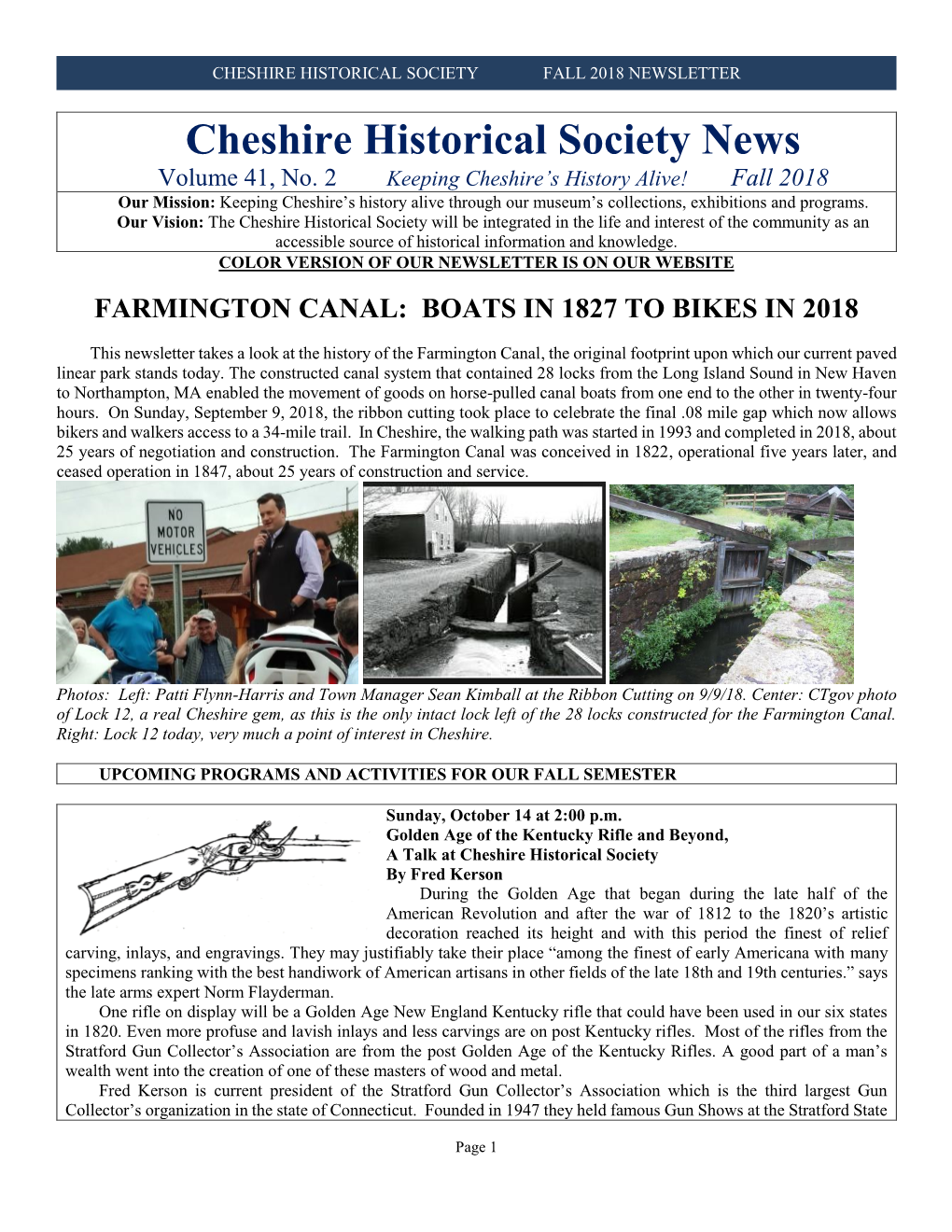 Cheshire Historical Society Fall 2018 Newsletter