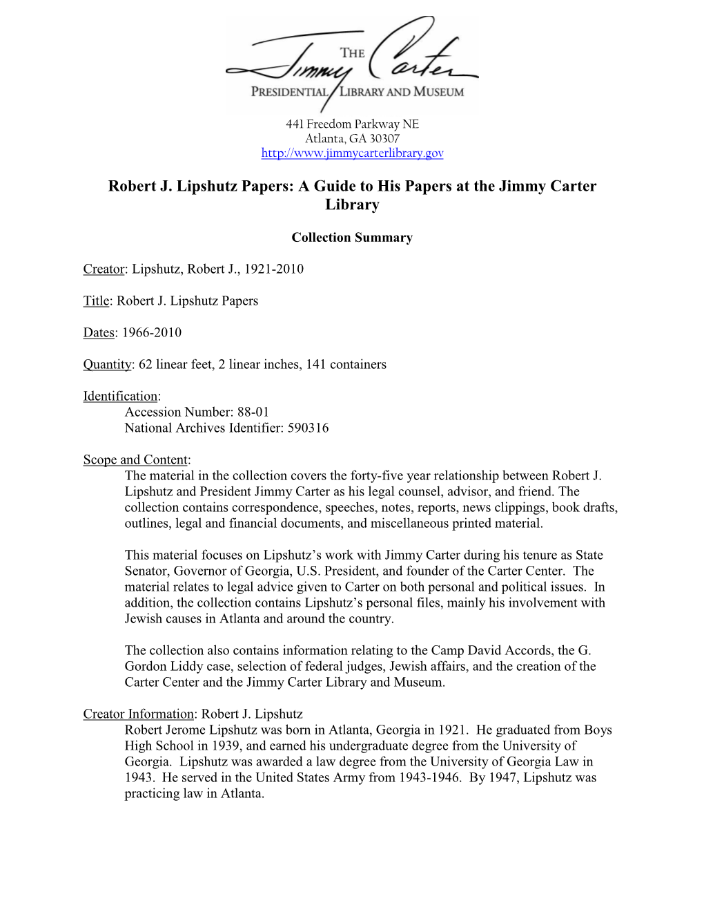 Robert J. Lipshutz Papers: a Guide to His Papers at the Jimmy Carter Library