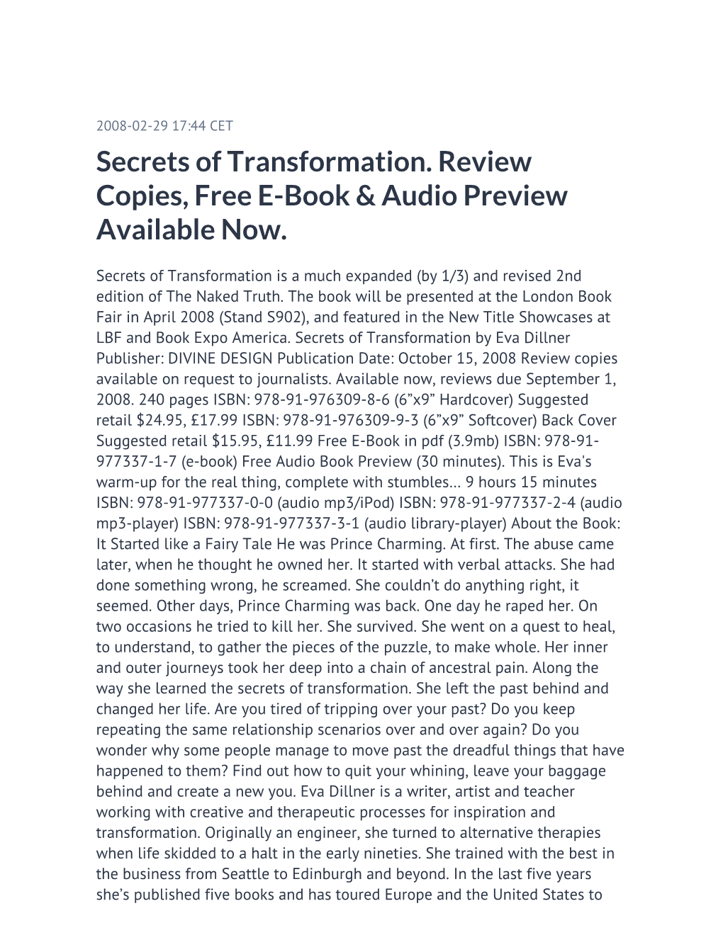 Secrets of Transformation. Review Copies, Free E-Book & Audio Preview Available Now