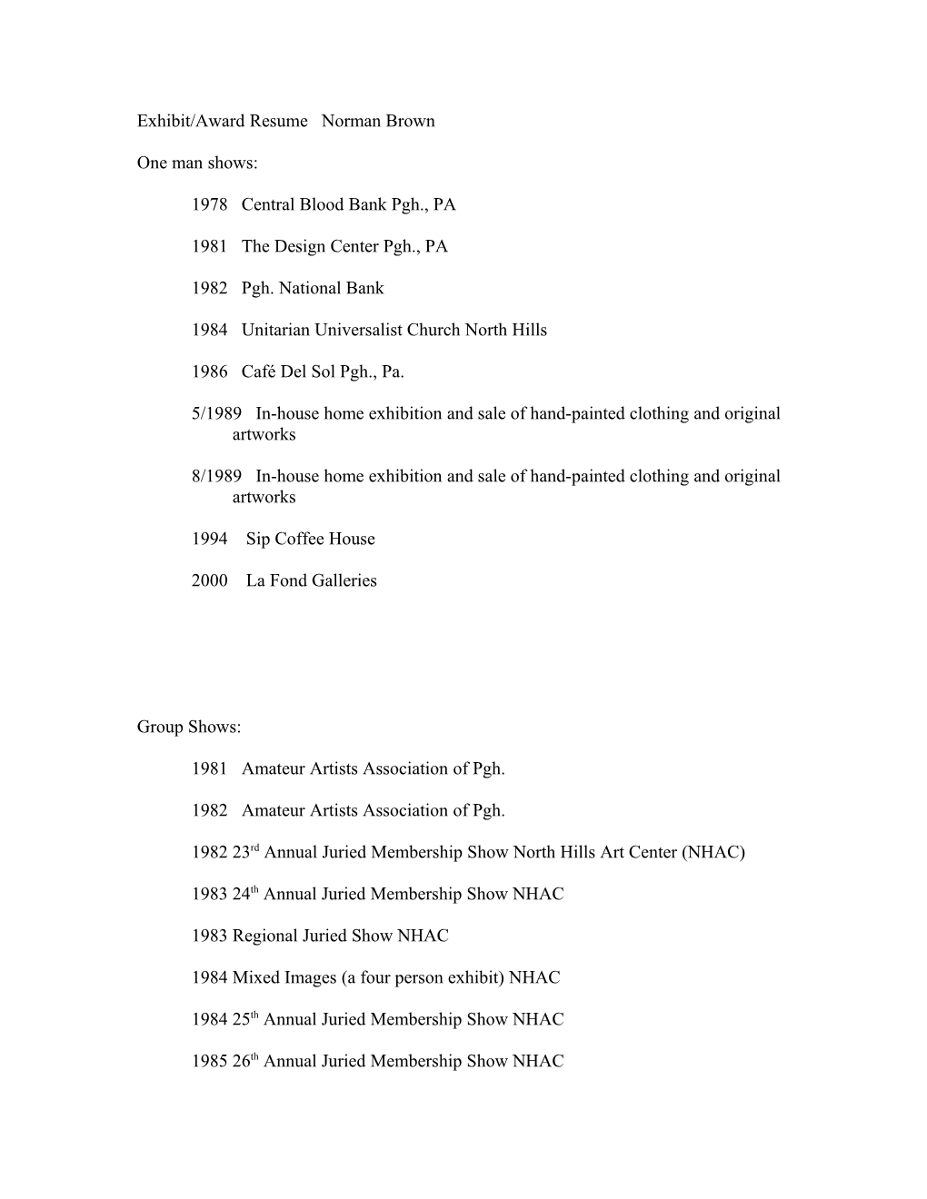 Exhibit/Award Resume Norman Brown