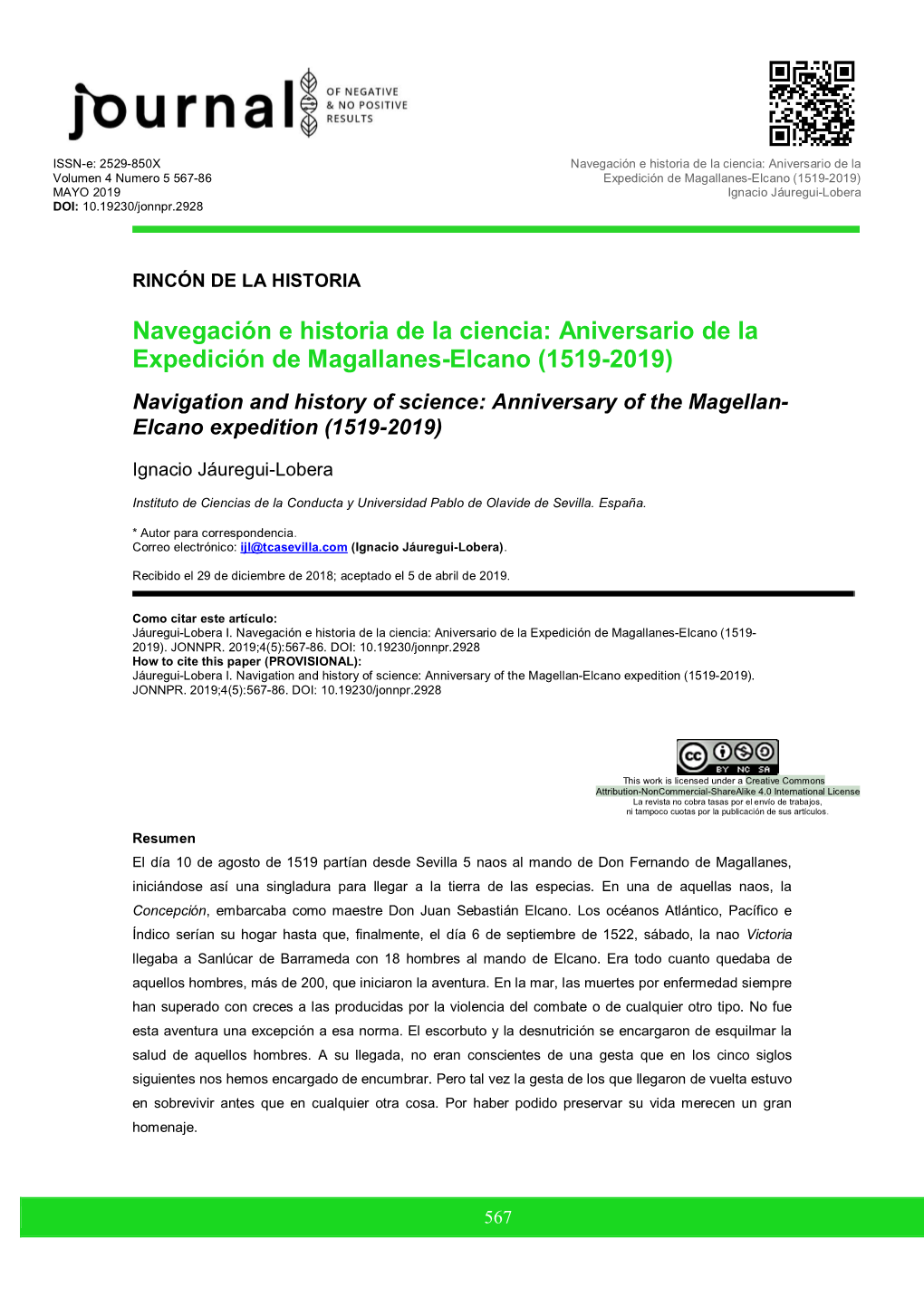 Aniversario De La Expedición De Magallanes-Elcano (1519-2019) Navigation and History of Science: Anniversary of the Magellan- Elcano Expedition (1519-2019)