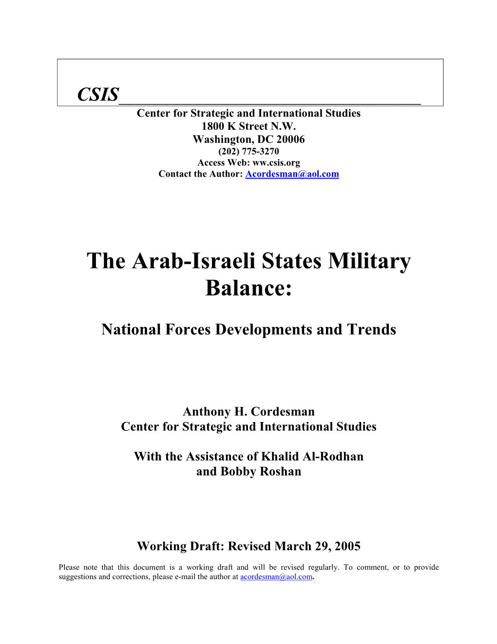 The Arab-Israeli States Military Balance:National Forces