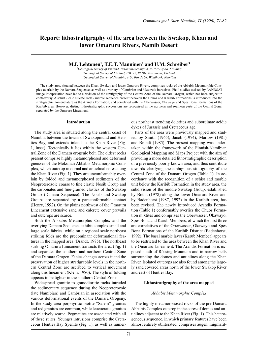 Lithostratigraphy of the Area Between the Swakop, Khan and Lower Omaruru Rivers, Namib Desert