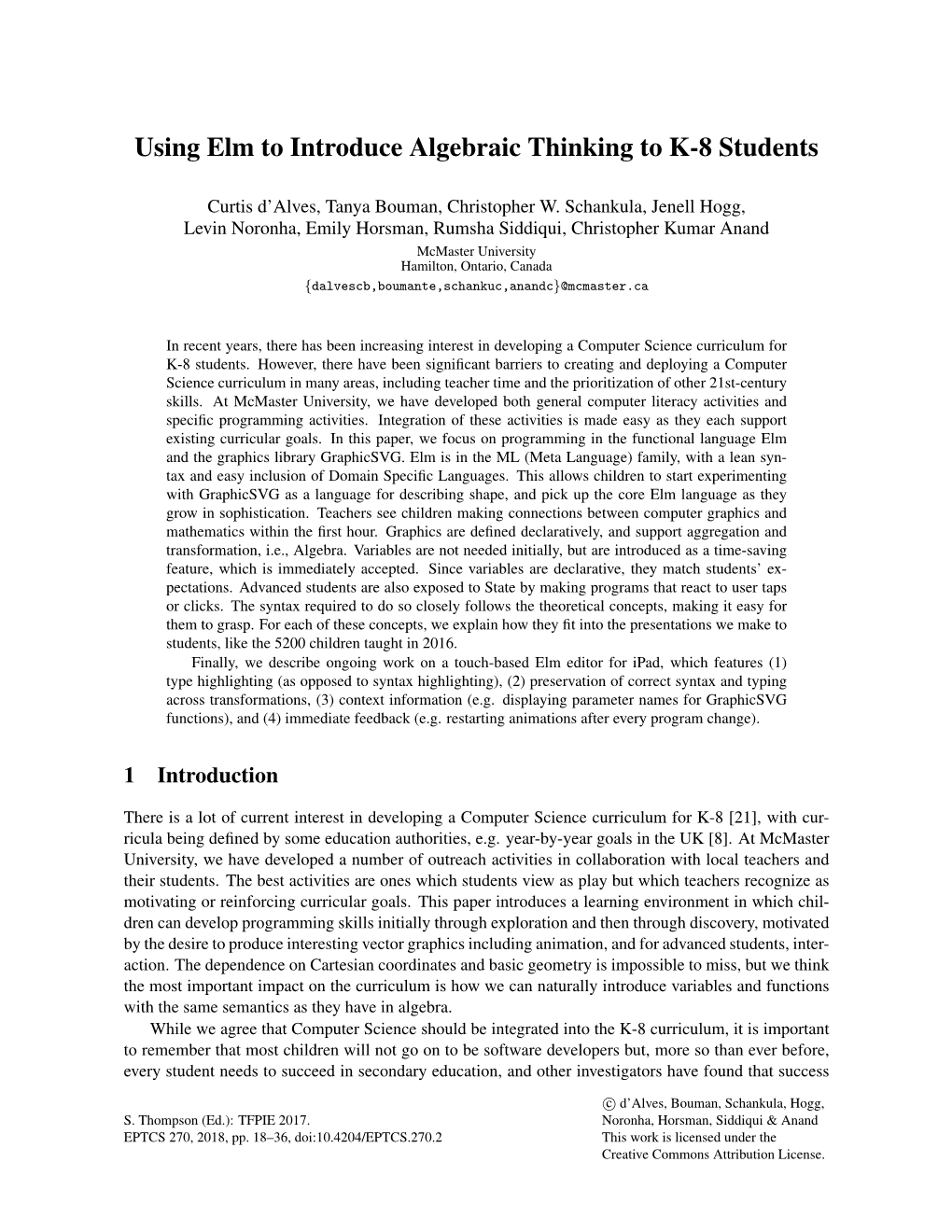 Using Elm to Introduce Algebraic Thinking to K-8 Students