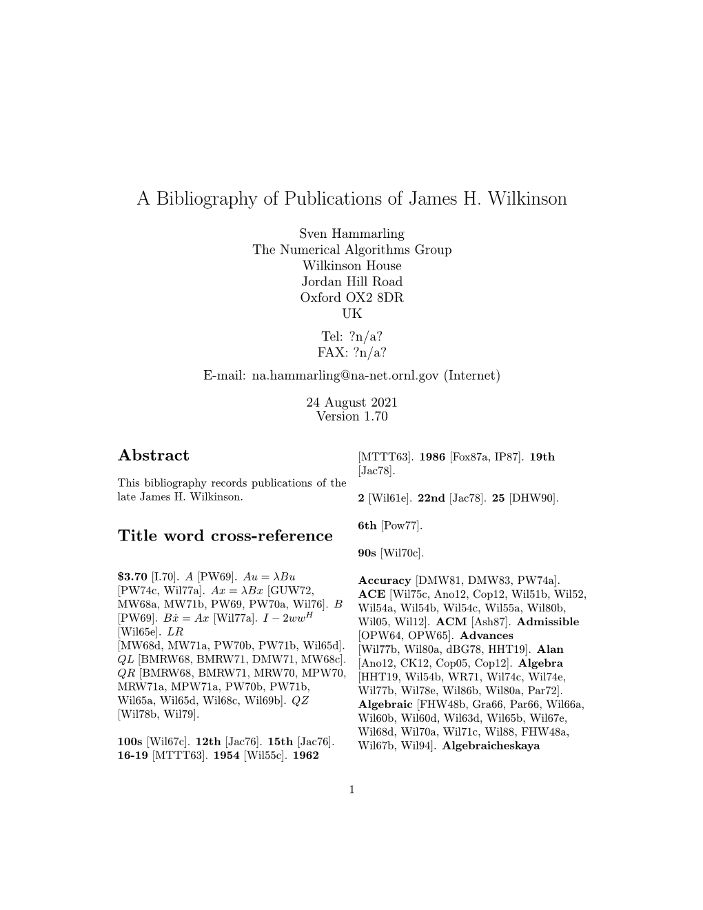 A Bibliography of Publications of James H. Wilkinson