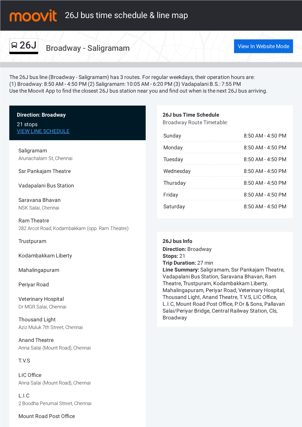 26J Bus Time Schedule & Line Route