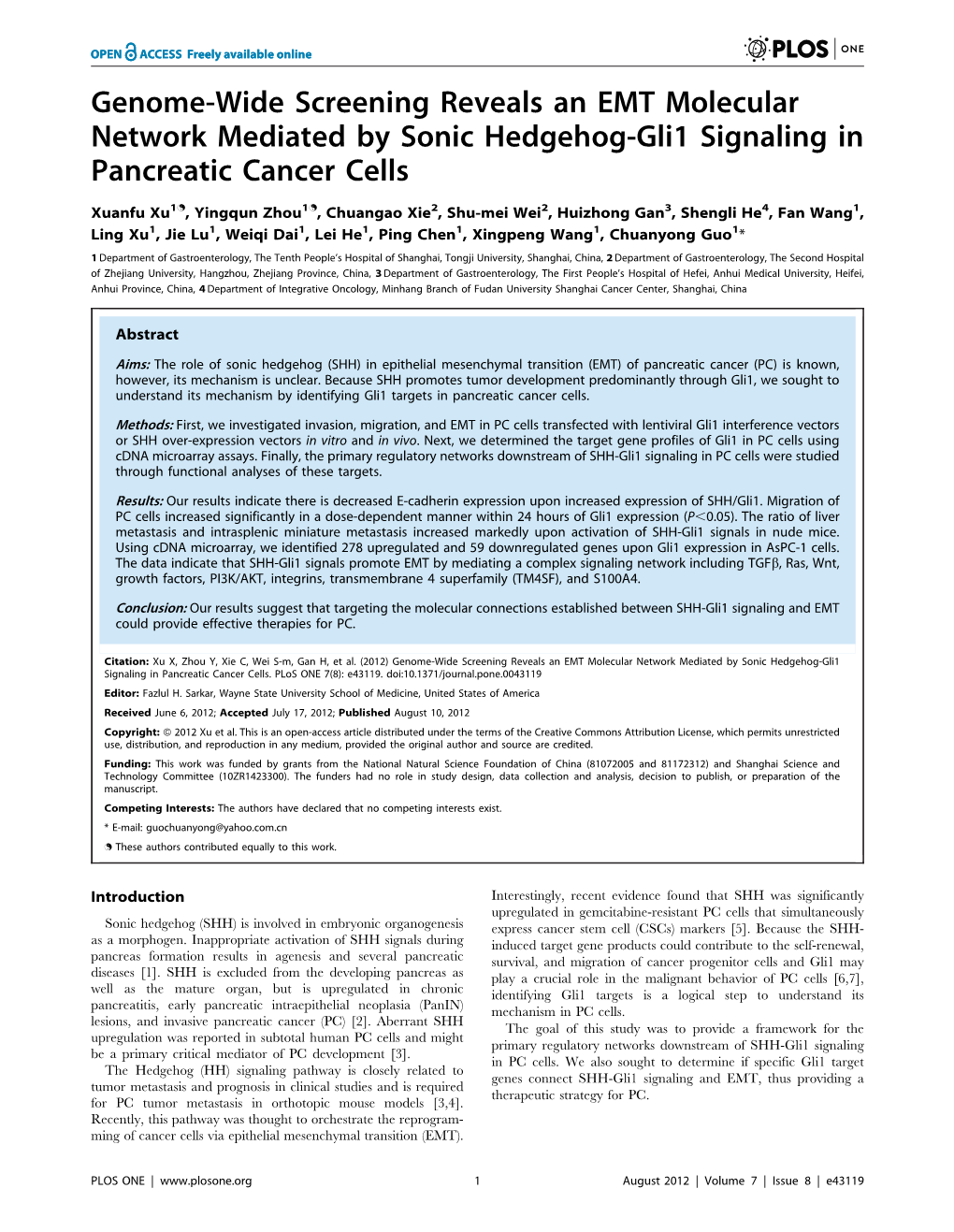 Genome-Wide Screening Reveals an EMT Molecular Network Mediated by Sonic Hedgehog-Gli1 Signaling in Pancreatic Cancer Cells