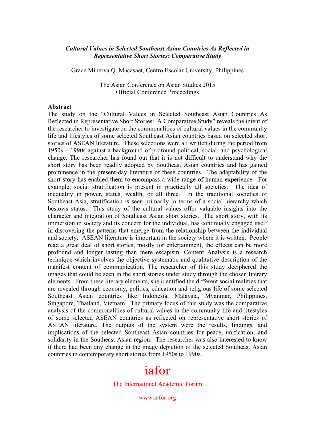 Cultural Values in Selected Southeast Asian Countries As Reflected in Representative Short Stories: Comparative Study