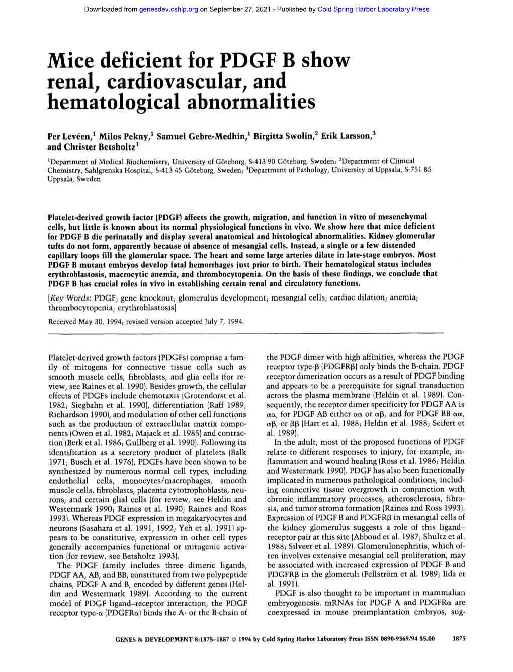 Mice Deficient for PDGF B Show Renal, Cardiovascular, and Hematological Abnormalities