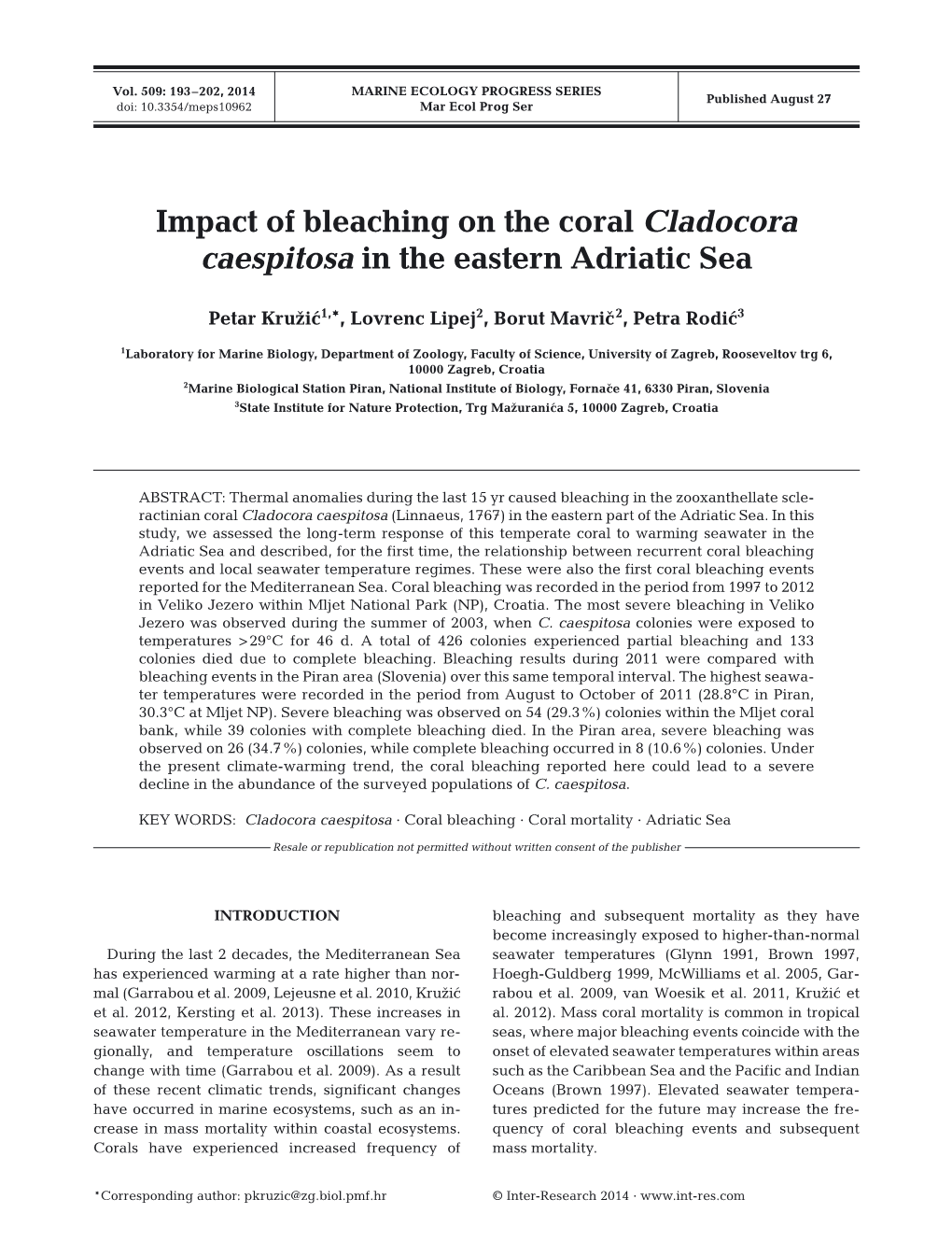 Impact of Bleaching on the Coral Cladocora Caespitosa in the Eastern Adriatic Sea