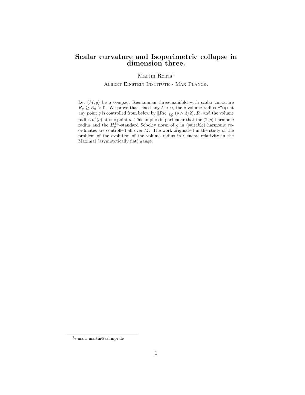 Scalar Curvature and Isoperimetric Collapse in Dimension Three