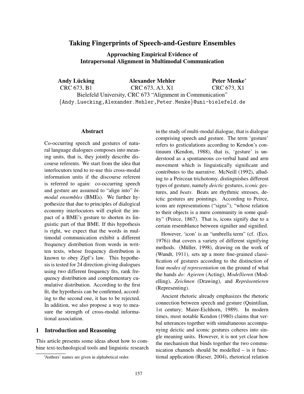 Taking Fingerprints of Speech-And-Gesture Ensembles Approaching Empirical Evidence of Intrapersonal Alignment in Multimodal Communication