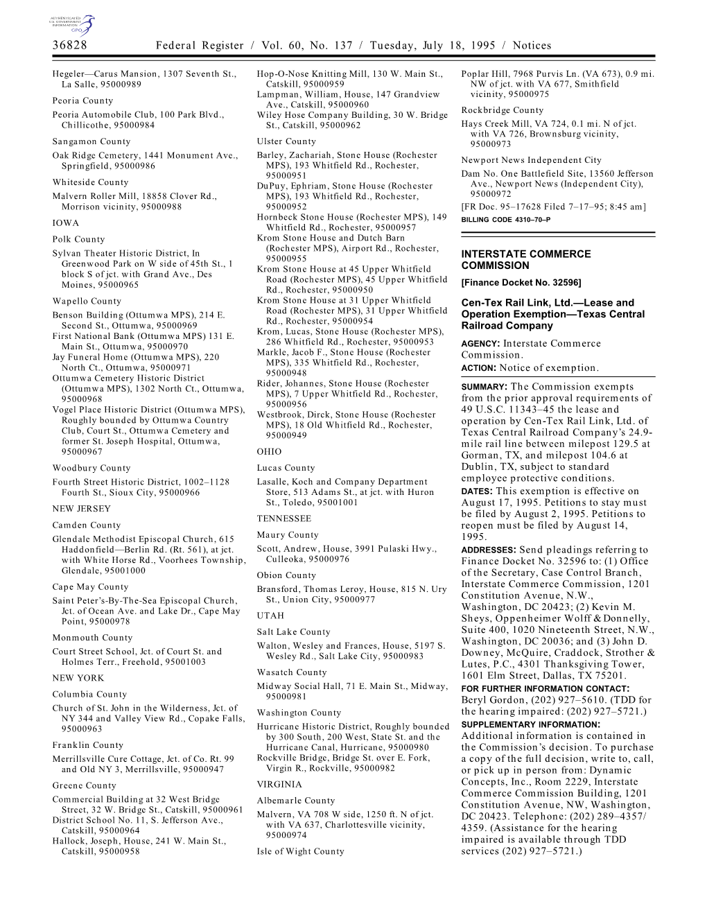 Federal Register / Vol. 60, No. 137 / Tuesday, July 18, 1995 / Notices