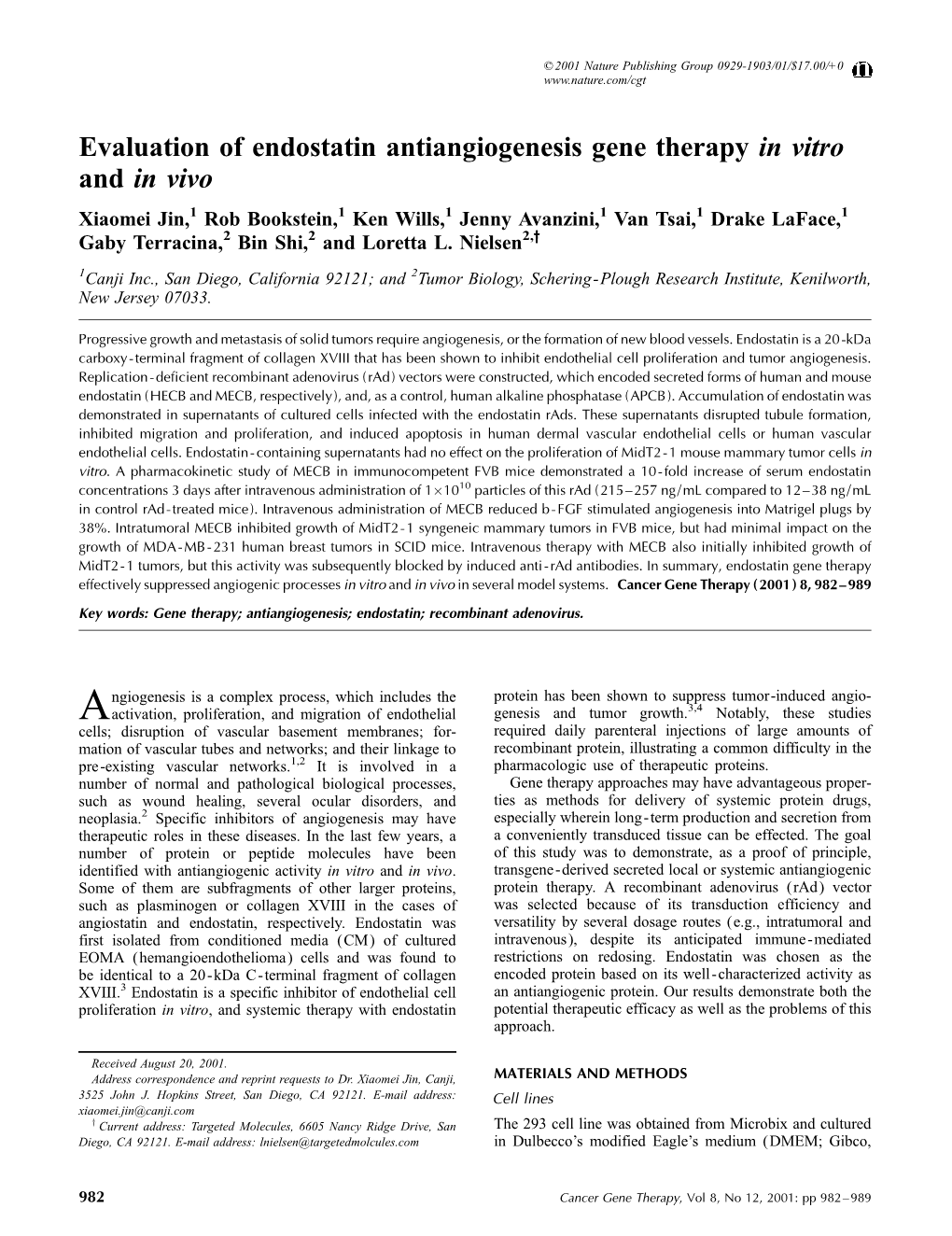 Evaluation of Endostatin Antiangiogenesis Gene Therapy in Vitro and in Vivo