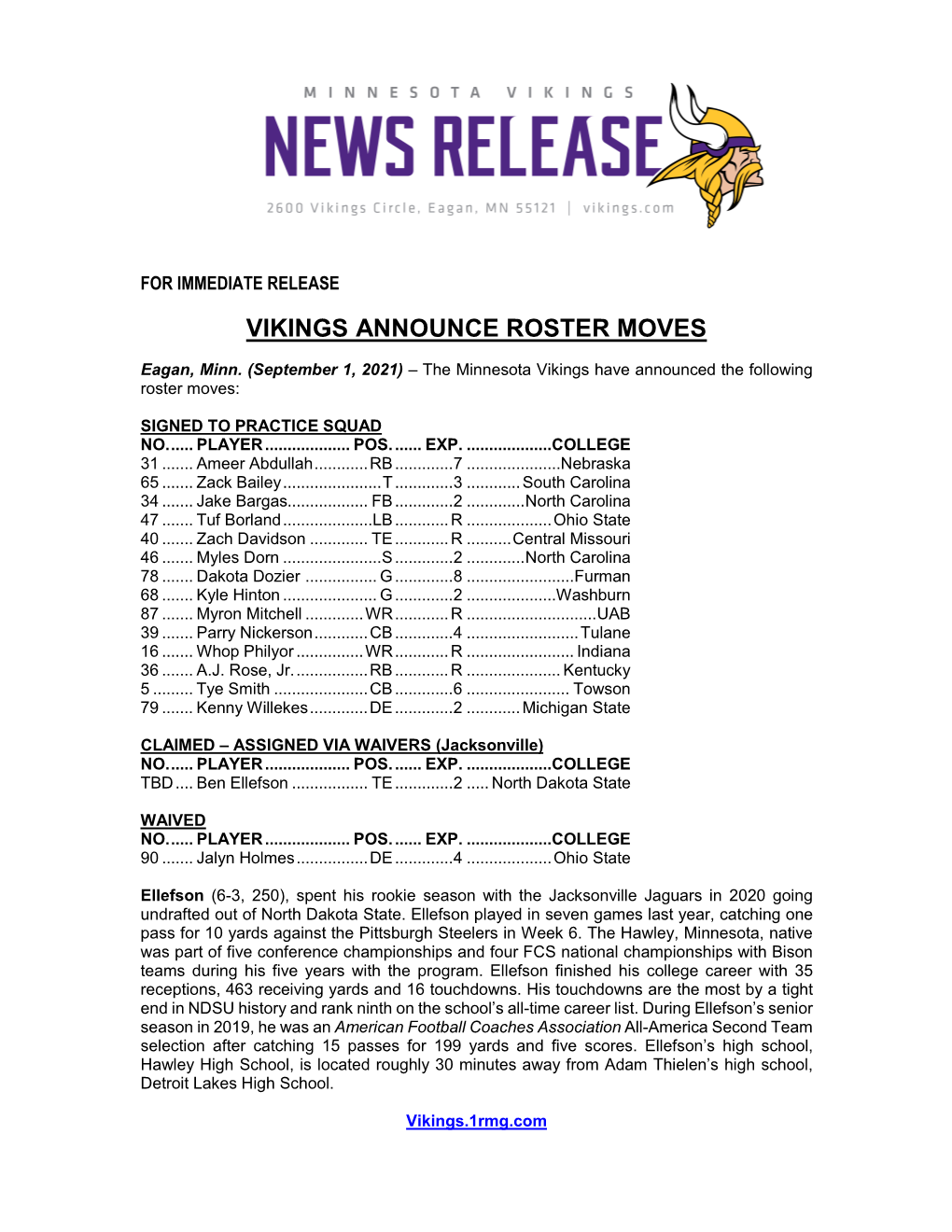 Vikings Announce Roster Moves