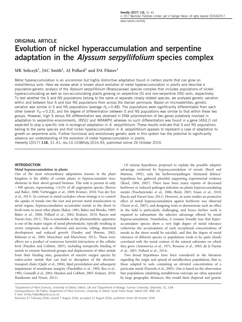 Evolution of Nickel Hyperaccumulation and Serpentine Adaptation in the Alyssum Serpyllifolium Species Complex