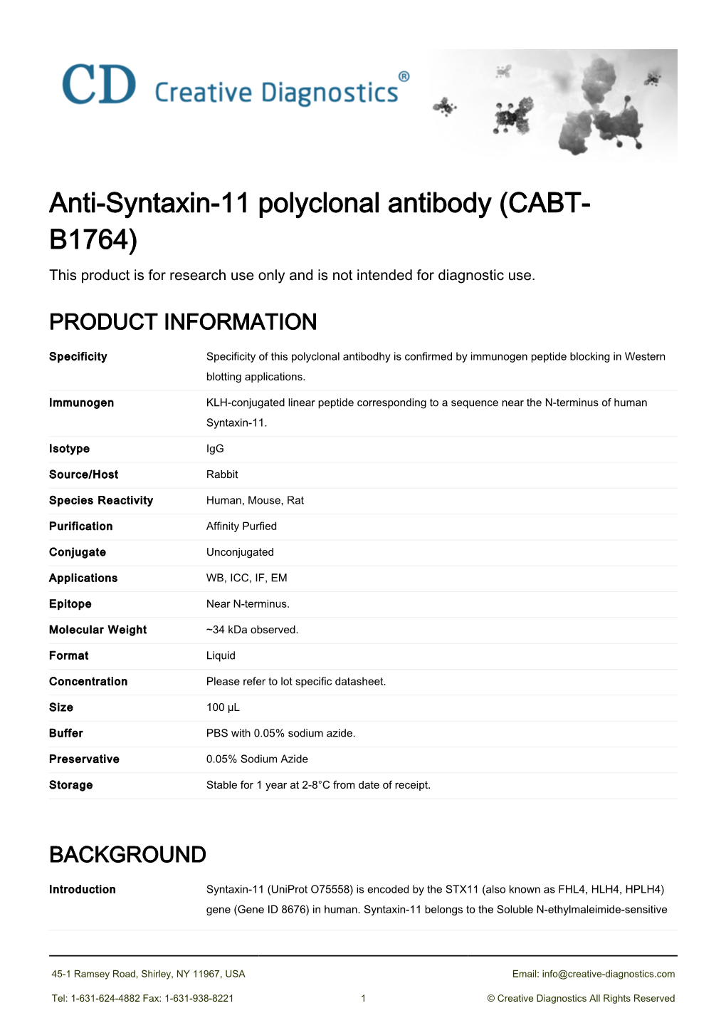 Anti-Syntaxin-11 Polyclonal Antibody (CABT- B1764) This Product Is for Research Use Only and Is Not Intended for Diagnostic Use