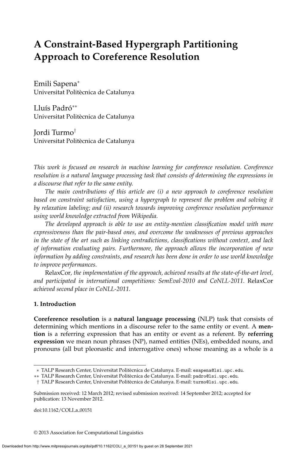 A Constraint-Based Hypergraph Partitioning Approach to Coreference Resolution