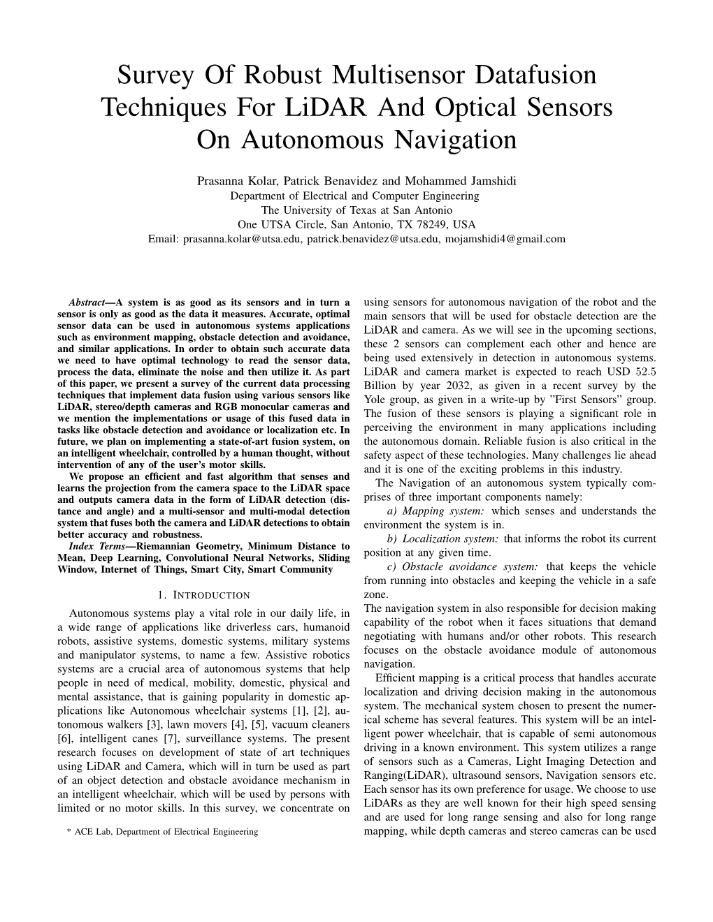 Survey of Robust Multisensor Datafusion Techniques for Lidar and Optical Sensors on Autonomous Navigation