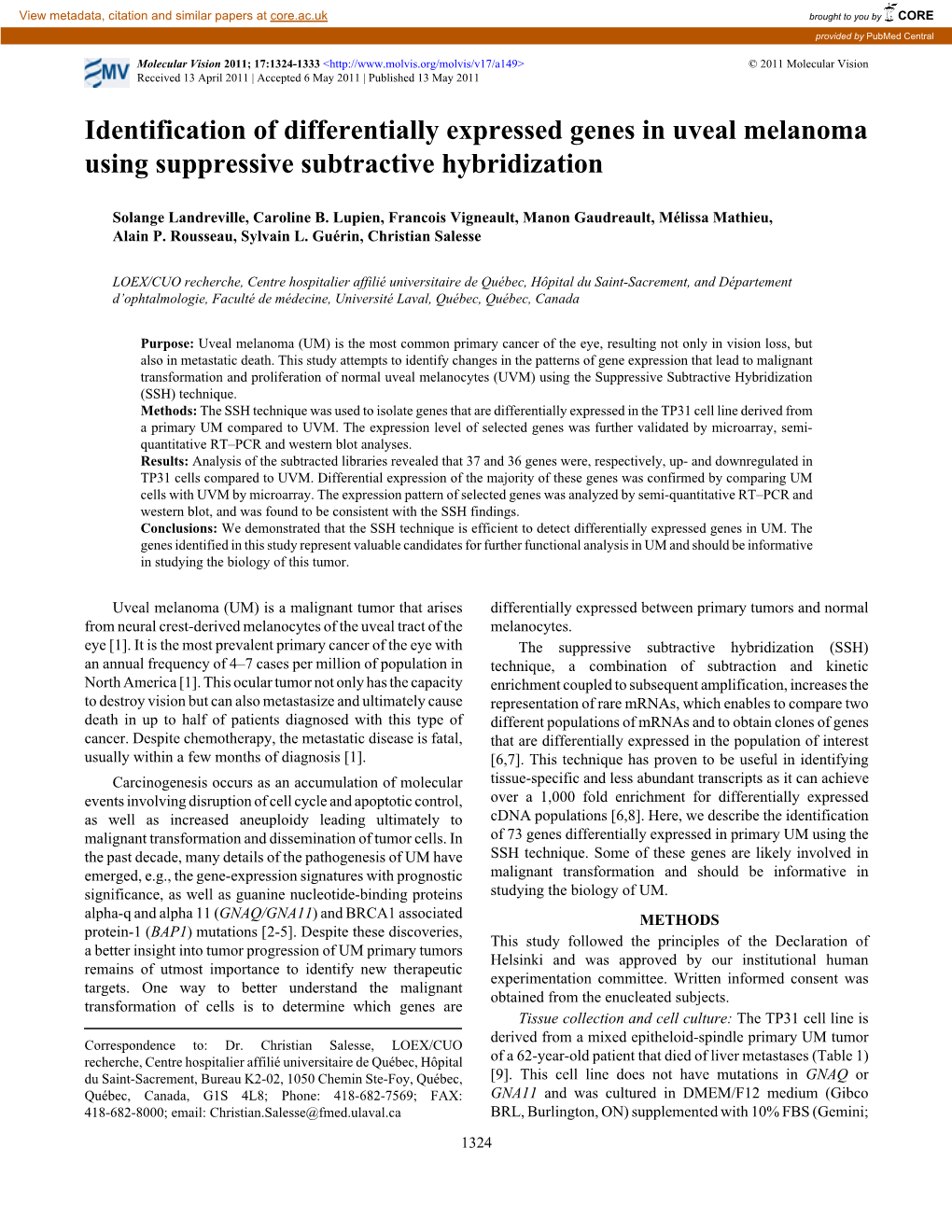 Identification of Differentially Expressed Genes in Uveal Melanoma Using Suppressive Subtractive Hybridization