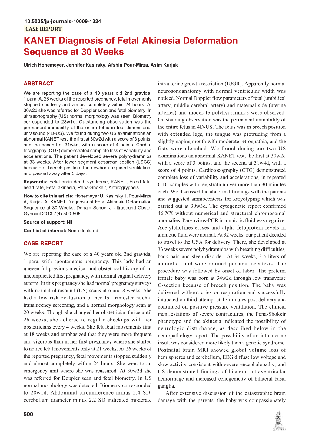 KANET Diagnosis of Fetal Akinesia Deformation Sequence at 30 Weeks