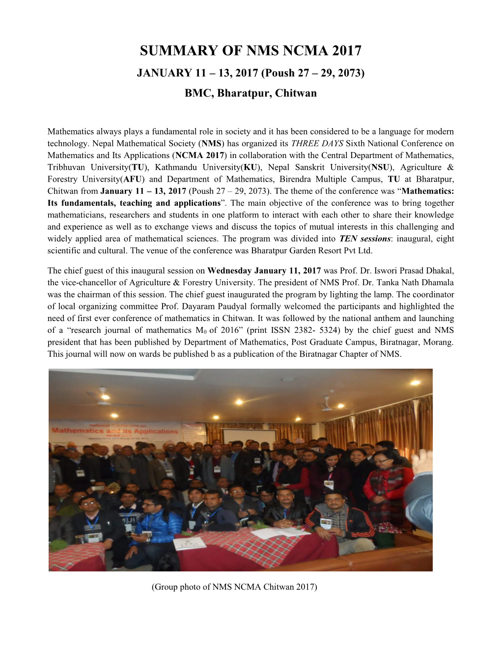 SUMMARY of NMS NCMA 2017 JANUARY 11 – 13, 2017 (Poush 27 – 29, 2073) BMC, Bharatpur, Chitwan