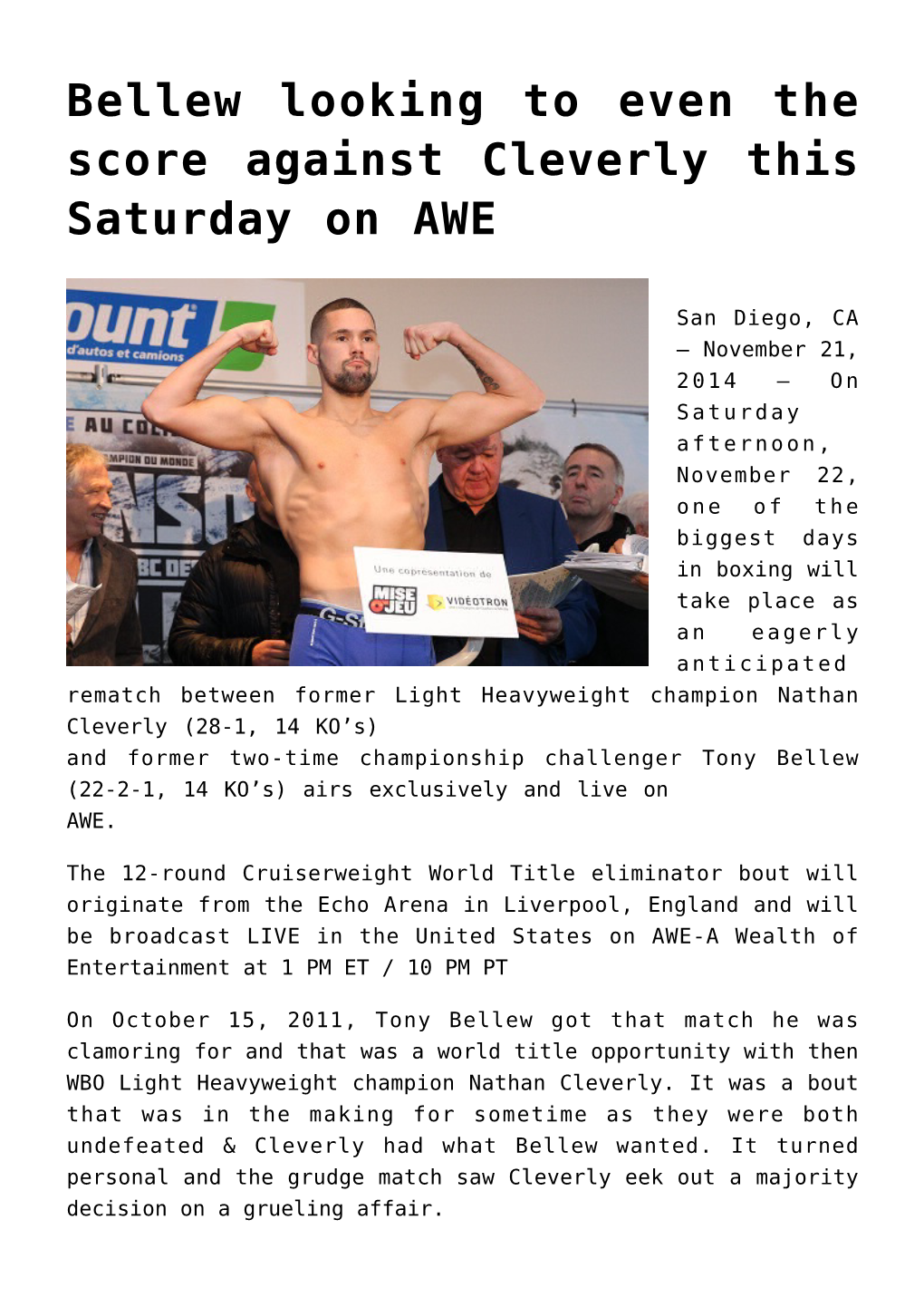 Bellew Looking to Even the Score Against Cleverly This Saturday on AWE