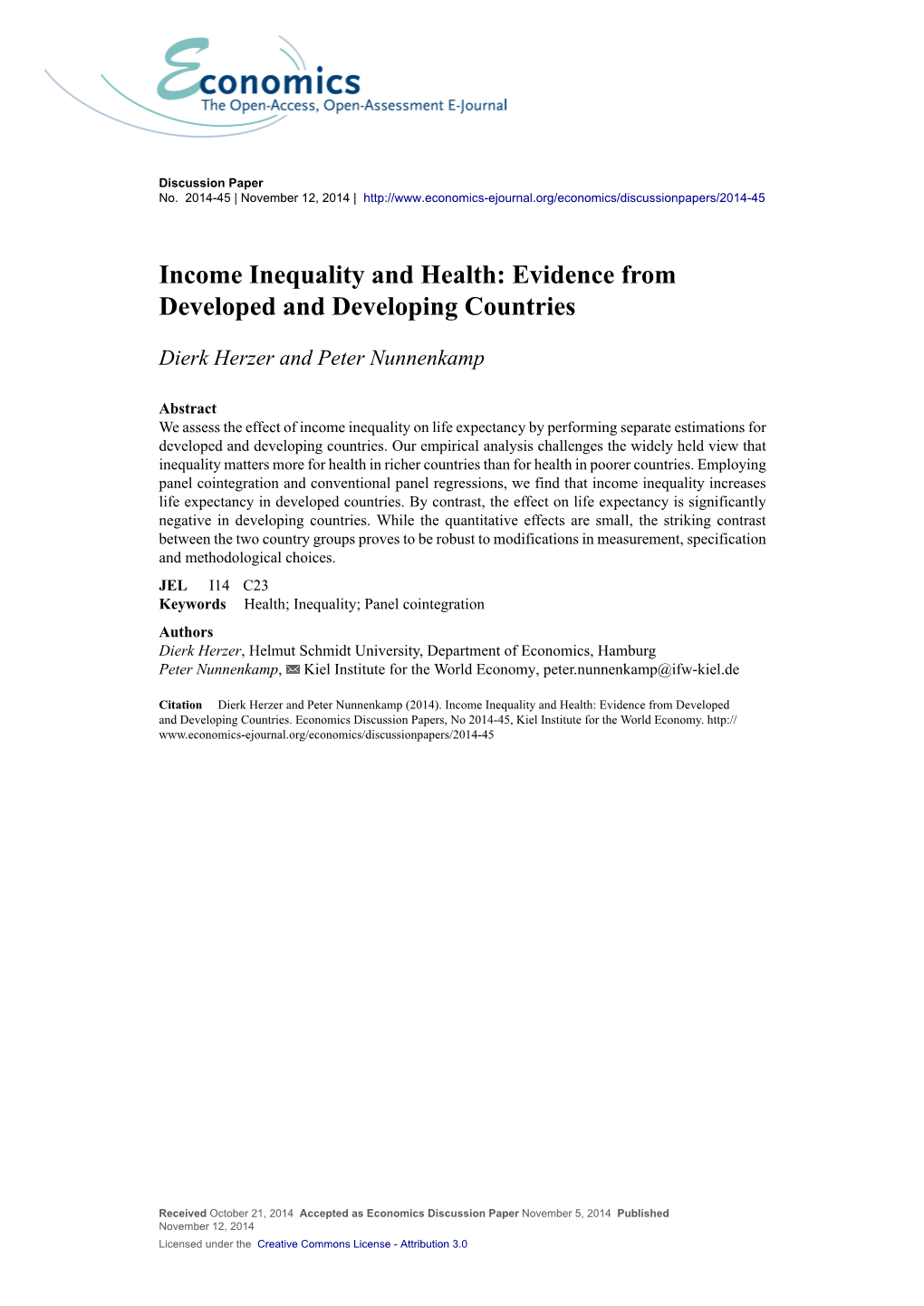 Income Inequality and Health: Evidence from Developed and Developing Countries