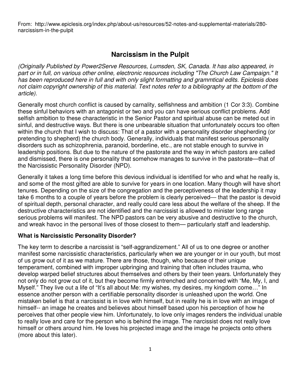Narcissism in the Pulpit (Originally Published by Power2serve Resources, Lumsden, SK, Canada
