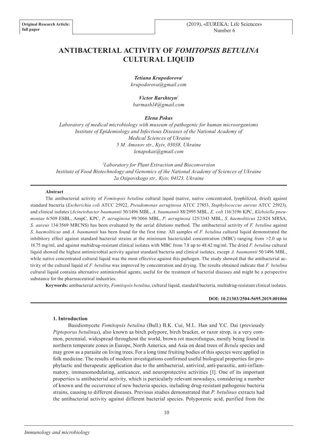 Antibacterial Activity of Fomitopsis Betulina Cultural Liquid