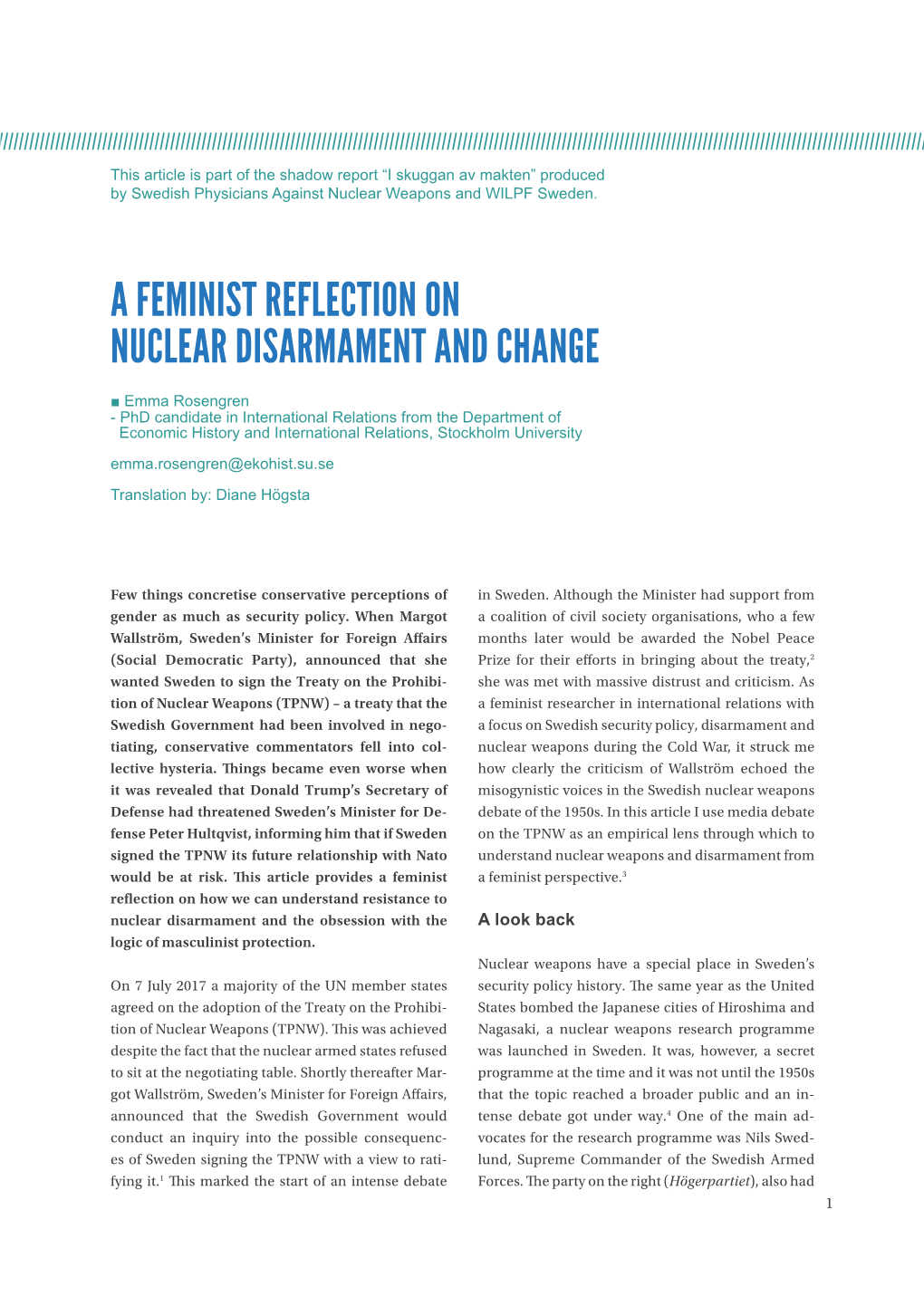 A Feminist Reflection on Nuclear Disarmament and Change