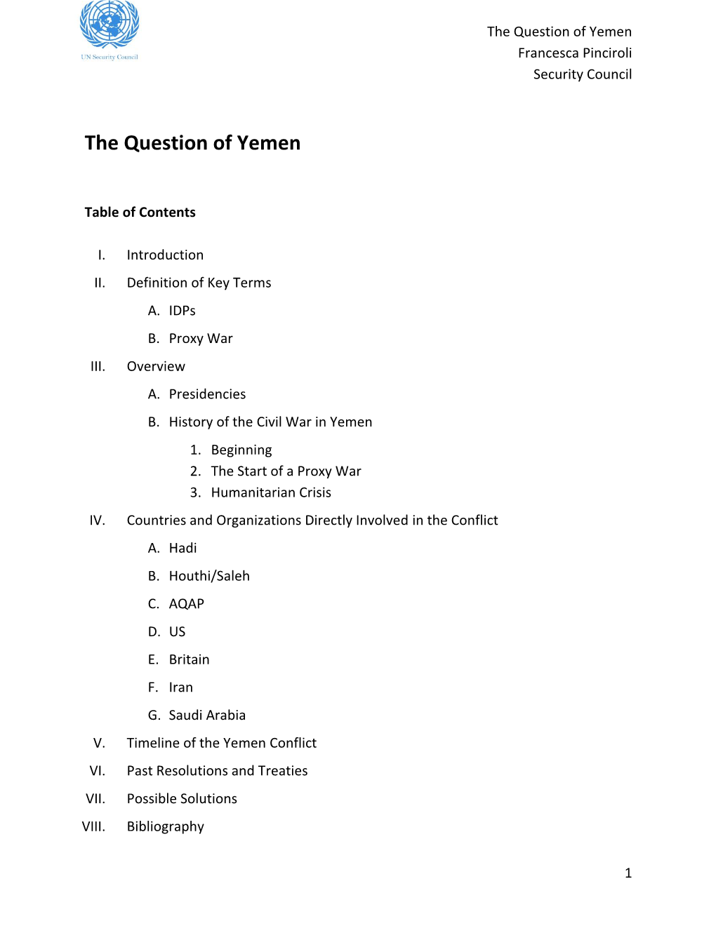 The Question of Yemen Francesca Pinciroli Security Council