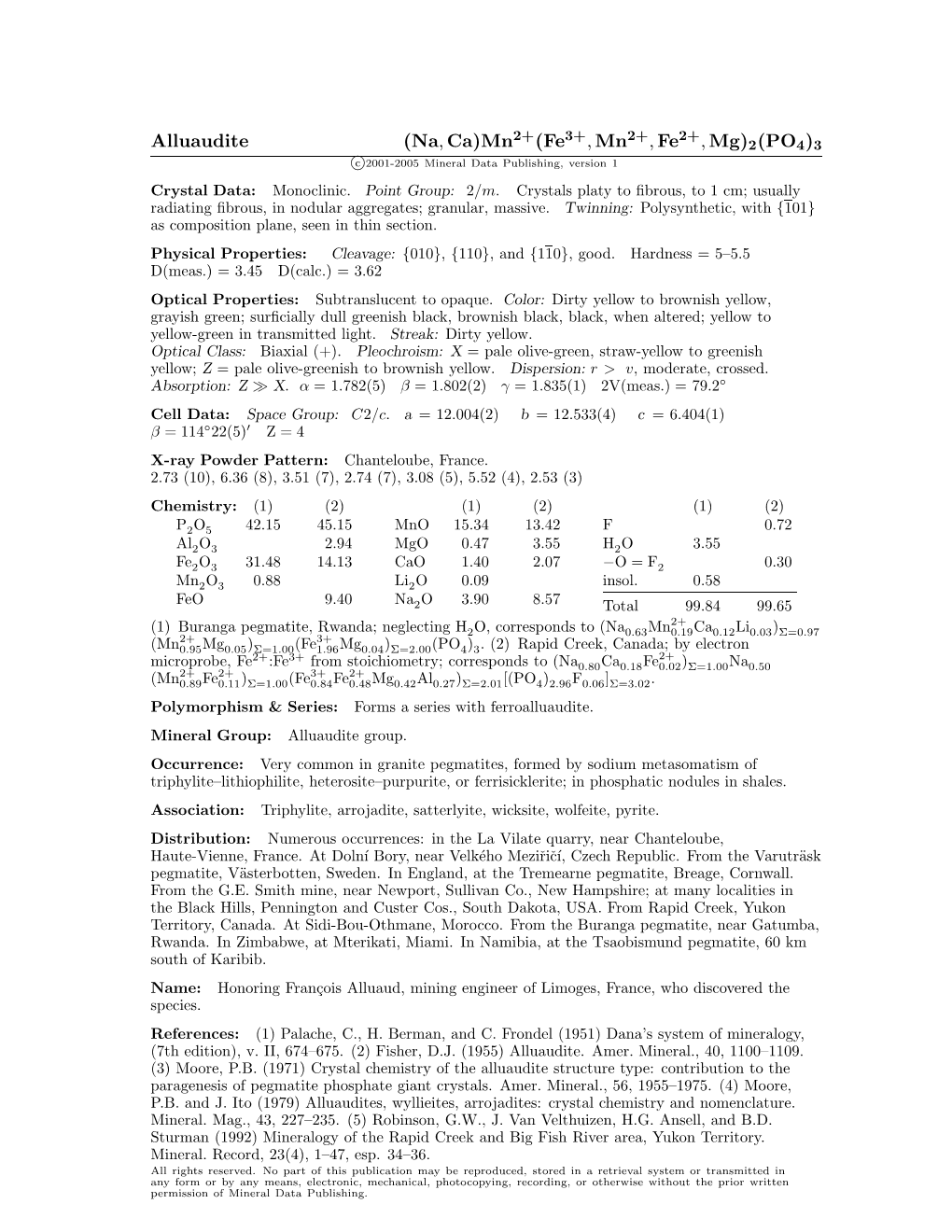 Alluaudite (Na,Ca)Mn2+(Fe3+,Mn2+