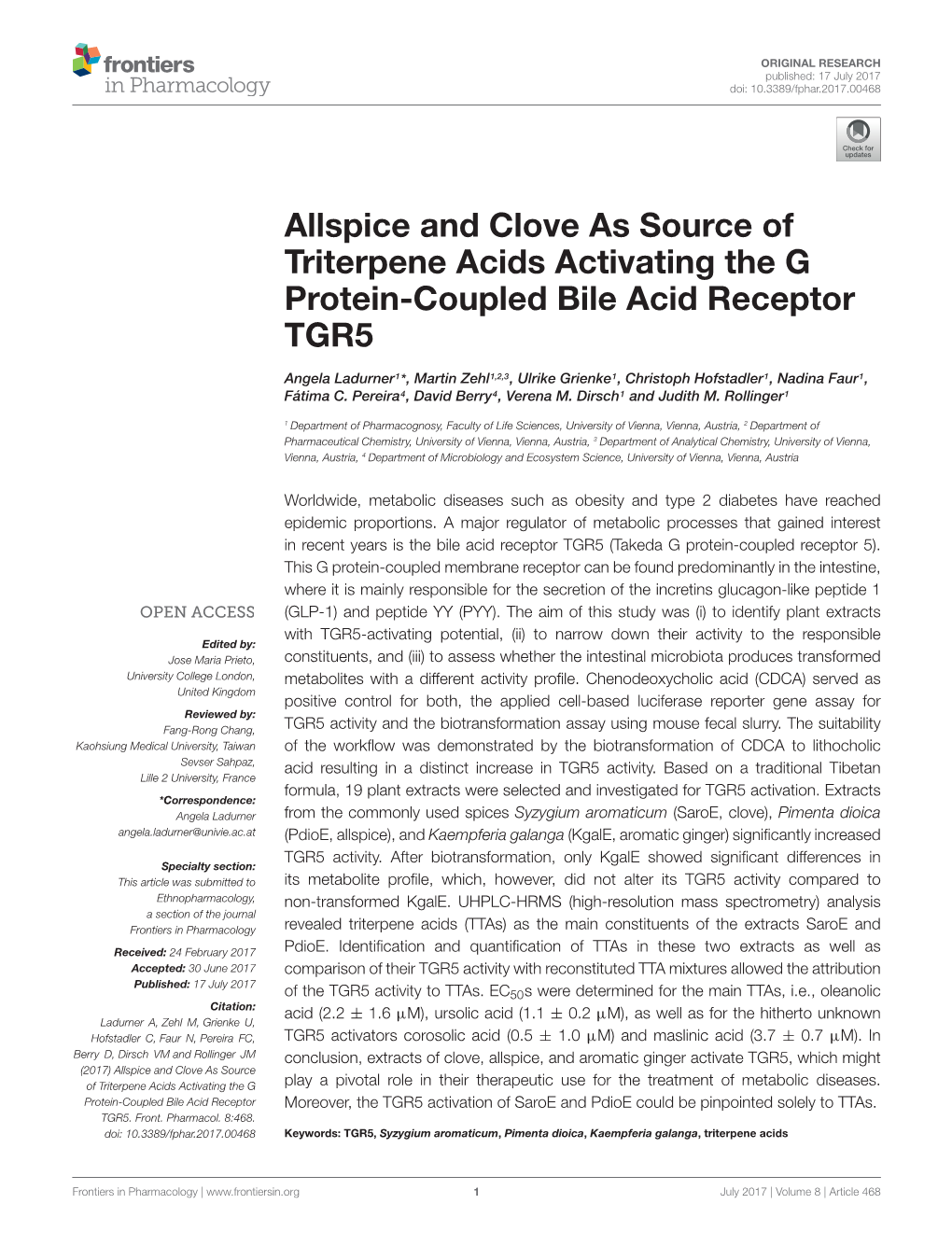 Allspice and Clove As Source of Triterpene Acids Activating the G Protein-Coupled Bile Acid Receptor TGR5