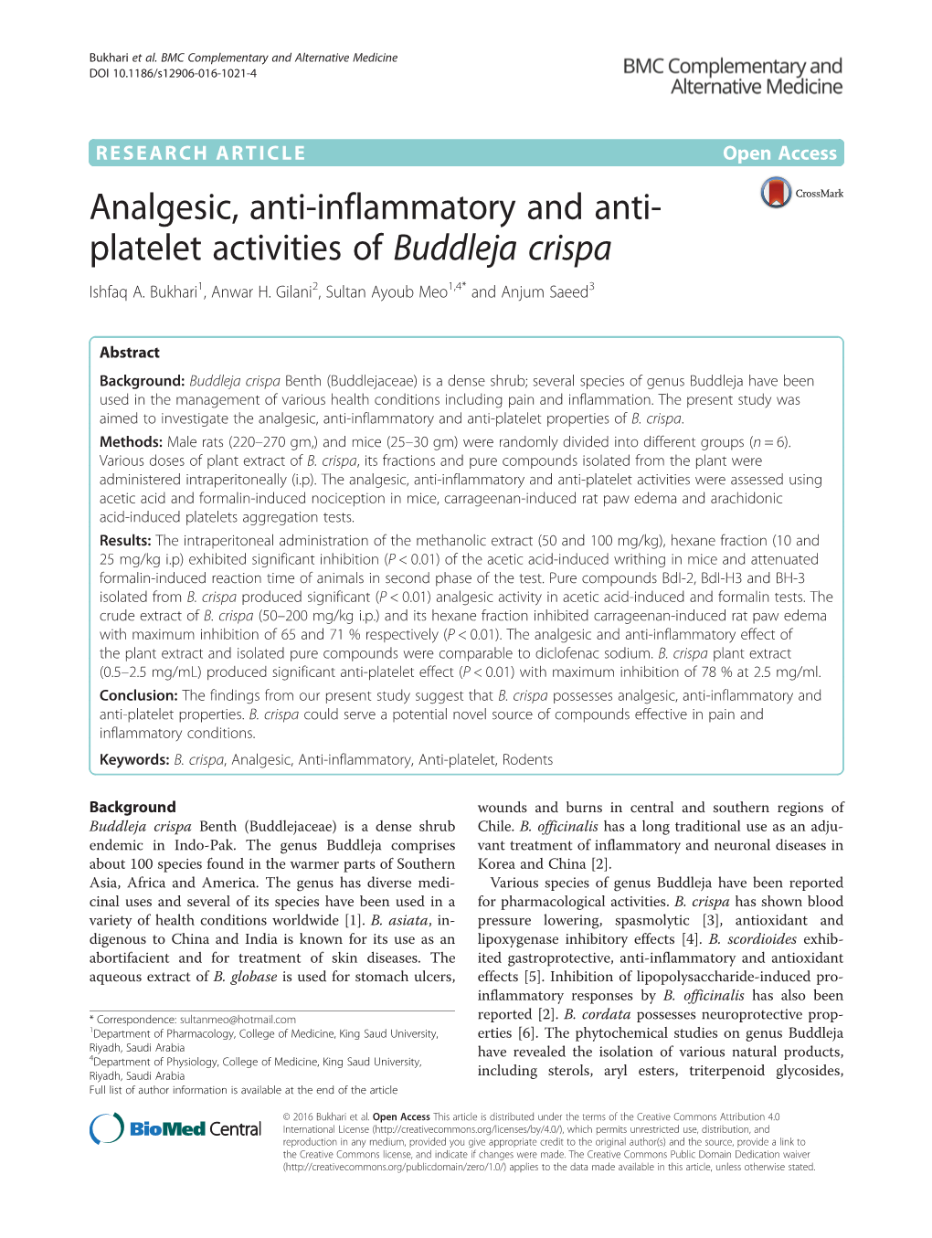 Analgesic, Anti-Inflammatory and Anti-Platelet Activities of Buddleja